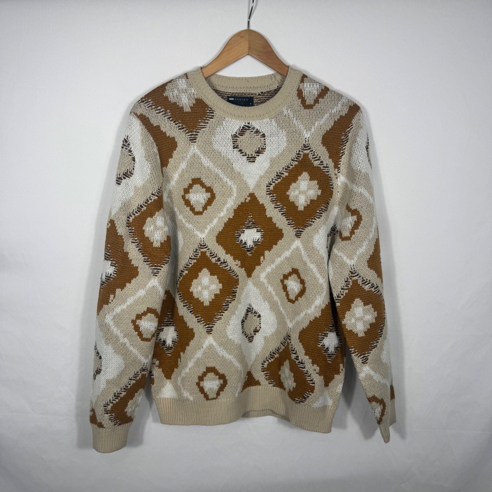 ASOS Design Sweater Medium Diamond Pattern Beige Brown Knit Pullover Sz: M